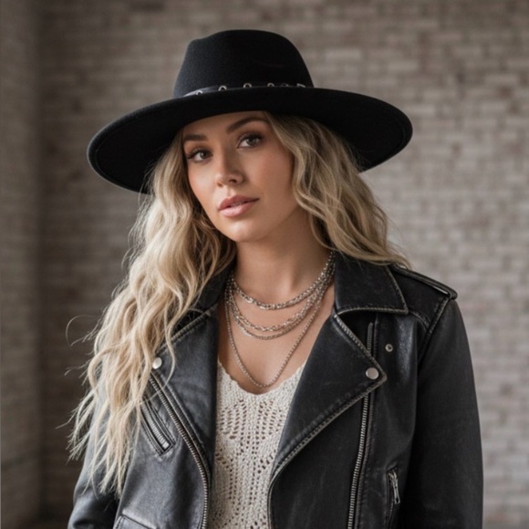NWT Boho Gypsy Vibes Black Wide Flat Brimmed Fedora Ranchers Hat With Black Belt main image 4